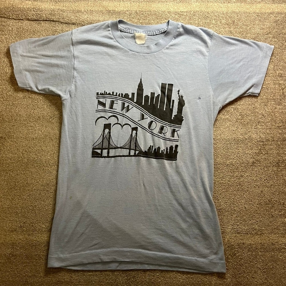 Vintage New York City Skyline T-Shirt Single Stitch Twin Towers Blue Small